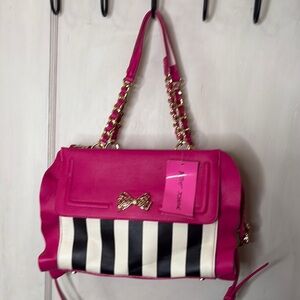 Betsey Johnson Floucin Around Satchel Stripe Pink and Black Ruffle Crossbody Bag
